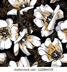 Seamless floral pattern. Gold open tulip flowers and rose leaves on a black background. Textile composition, hand drawn style print. Vector illustration.