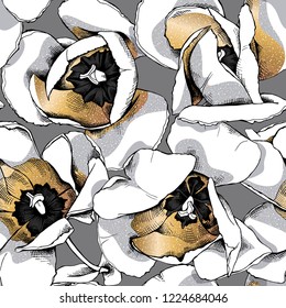 Seamless floral pattern. Gold open tulip flowers on a gray background. Textile composition, hand drawn style print. Vector illustration.