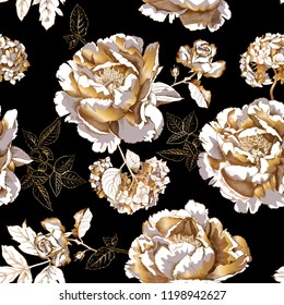 Seamless floral pattern. Gold Peony, Hydrangea, Rose flowers and leaves on a black background. Textile composition, hand drawn style print. Vector illustration.