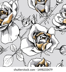 Seamless floral pattern with gold Rose flowers, leaves and buds on a gray background.  Textile composition, hand drawn style print. Vector illustration.