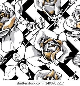 Seamless floral pattern with gold Rose flowers, leaves and buds on a geometric background. Textile composition, hand drawn style print. Vector illustration.