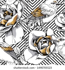 Seamless floral pattern. Gold Rose flowers, leaves, buds and birds on a geometric background. Textile composition, hand drawn style print. Vector illustration.