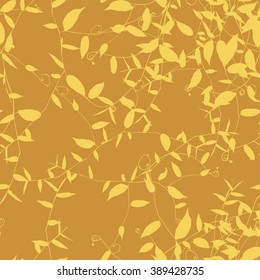 Seamless floral pattern, gold and yellow seasonal background. Pattern with gold color leaves and branches of clambering plant. Garden and park theme.