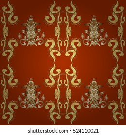 Seamless floral pattern with golden elements on dim red and brown background.