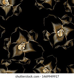Seamless floral pattern with golden flower lily. Element for design. Hand-drawing vector illustration.