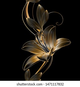 Seamless floral pattern with golden flower lily. Element for design. Hand-drawing vector illustration.