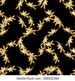 Seamless floral pattern with golden sprigs weaving on black background