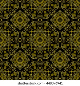 Seamless floral pattern in golden yellow on black background. Decorative print with elements of vintage Oriental/Indian & Victorian/Gothic style.