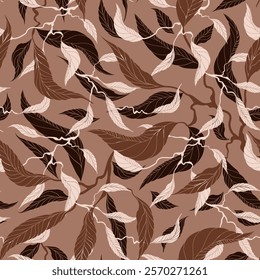 Seamless floral pattern. Graceful leaves on the branches. Background in shades of white, chocolate, brown.