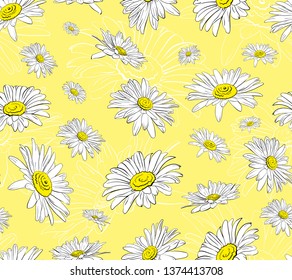 seamless floral pattern of graphic daisies on a yellow background