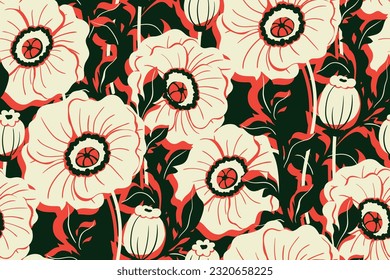 Seamless floral pattern, graphic ditsy print with decorative art poppies, wild garden. Artistic botanical design for fabric, paper: hand drawn flowers, leaves on black background. Vector illustration.