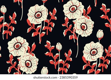 Seamless floral pattern, graphic flower print with wildflowers in black, red, white. Vintage botanical design with large hand drawn poppy flowers, leaves on a dark background. Vector illustration.