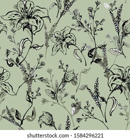 Seamless floral pattern with graphic plants. Botanical elements are randomly and saturated. Vector on a gray-green background with black contours and gray silhouettes. For print, textile, fabrics