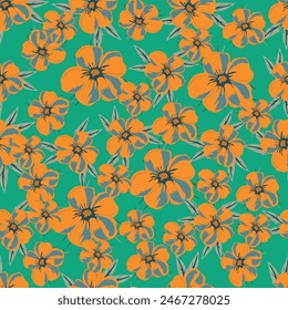 Seamless floral pattern, graphic retro style ditsy print of blooming branches. Cute botanical fabric, paper design: hand drawn branches, small flowers, leaves on light background. Vector illustration.