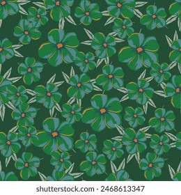 Seamless floral pattern, graphic retro style ditsy print of blooming branches. Cute botanical fabric, paper design: hand drawn branches, small flowers, leaves on light background. Vector illustration.
