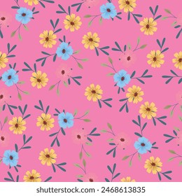Seamless floral pattern, graphic retro style ditsy print of blooming branches. Cute botanical fabric, paper design: hand drawn branches, small flowers, leaves on light background. Vector illustration.