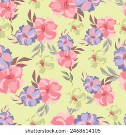 Seamless floral pattern, graphic retro style ditsy print of blooming branches. Cute botanical fabric, paper design: hand drawn branches, small flowers, leaves on light background. Vector illustration.