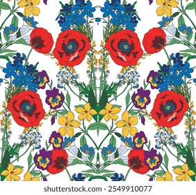 Padrão floral contínuo com flores silvestres gráficas e papoulas. Vetor