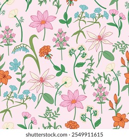 Patrón floral sin fisuras con flores silvestres gráficas