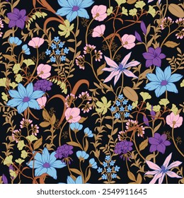 Seamless floral pattern with graphic wild flowers