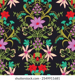 Seamless floral pattern with graphic wild flowers