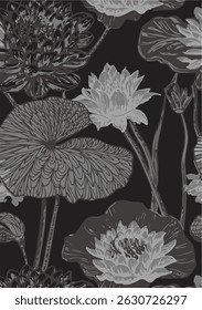 Padrão floral contínuo com flores selvagens gráficas. fundo preto, cores escuras