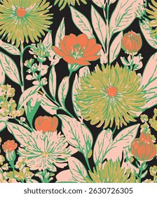 Seamless floral pattern with graphic wild flowers. black background, dark colors