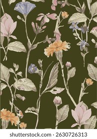 Padrão floral contínuo com flores selvagens gráficas. fundo preto, cores escuras