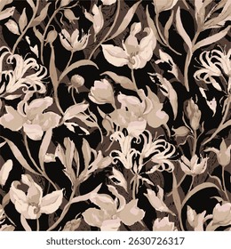 Padrão floral contínuo com flores selvagens gráficas. fundo preto, cores escuras