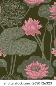 Seamless floral pattern with graphic wild flowers. black background, dark colors