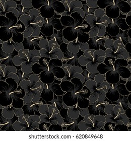 Seamless floral pattern with gray, beige and black hibiscus flowers, watercolor. Vector flower illustration. Seamless pattern with floral motif. Vector illustration.