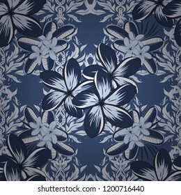 Seamless floral pattern in gray, blue and violet colors with motley plumeria flowers. Vector illustration.