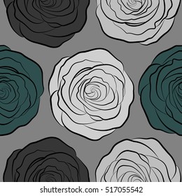 Seamless floral pattern in gray, blue and neutral colors. Motley roses with a band of flowers. Watercolor painting seamless pattern.