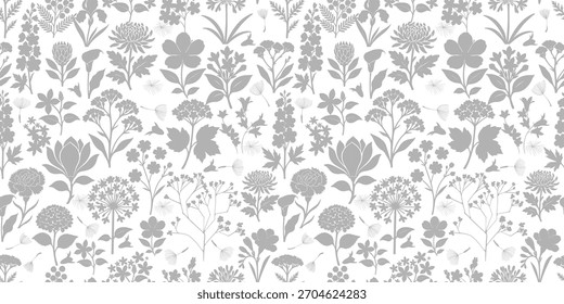 Patrón floral sin fisuras con flores grises. Diseño de patrones. Dibujado a mano. No IA, Ilustración vectorial