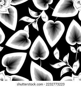 Seamless floral pattern with gray monochromatic tropical leaves on dark background. Template design for textile, interior, clothes, wallpaper. Botanical art. Floral background. Beach seamless pattern