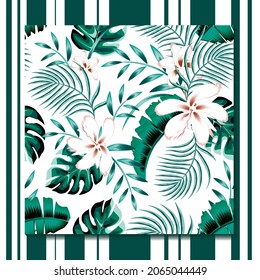Seamless floral pattern with green banana leaf, monstera and blue palm leaves tropical on white background. Template design textile, interior, clothes, wallpaper. exotic summer