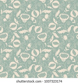 Seamless floral pattern in green and beige. Seamless victorian wallpaper. Vintage ornament for wallpaper, printing on the packaging paper, textiles