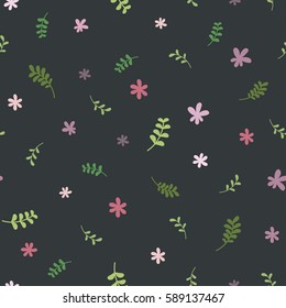 Seamless floral pattern with green  blades of grass and pink flowers. Repeating texture on a white background. Perfect for printing on fabric or paper. Spring vector illustration