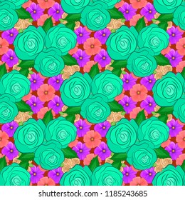 Seamless floral pattern in green, blue and violet colors. Motley roses with green leaves with a band of flowers. Watercolor painting seamless pattern.