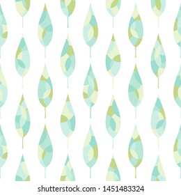 Seamless floral pattern with green and blue geometric leaves on white background. Summer vector background. Vector simple ornament