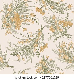 Seamless floral pattern with green branches and golden berries. Vintage background. Green and gold.