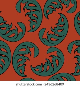 Seamless floral pattern with green foliage on red background. Botanical ornament with stylized leaves.