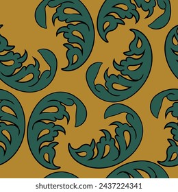 Seamless floral pattern with green foliage on yellow background. Botanical ornament with stylized leaves.