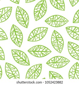 Seamless floral pattern with green geometric leaves on white background. Summer vector background. Vector simple ornament