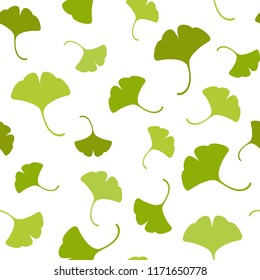 Seamless floral pattern green ginkgo biloba leaves. Floral texture on white background. Hand drawn shabby sprigs. For printing on fabric or paper. Vector illustration