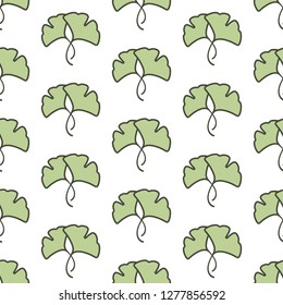 Seamless floral pattern green ginkgo biloba leaves. Floral texture on white background. Hand drawn shabby sprigs. For printing on fabric or paper. Vector illustration
