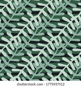 Seamless floral pattern in green and grey colored elements on dark background. Designed for textile, wrapping paper, fabric print. Vector illustration.