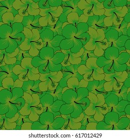 Seamless floral pattern with green hibiscus flowers, watercolor.