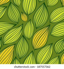 Seamless floral pattern, green leaves seamless background, hand drawn, vector.