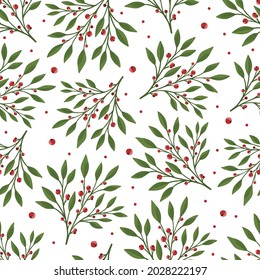 Seamless floral pattern with green leaves and red berries. Perfect for textile wallpaper posters.